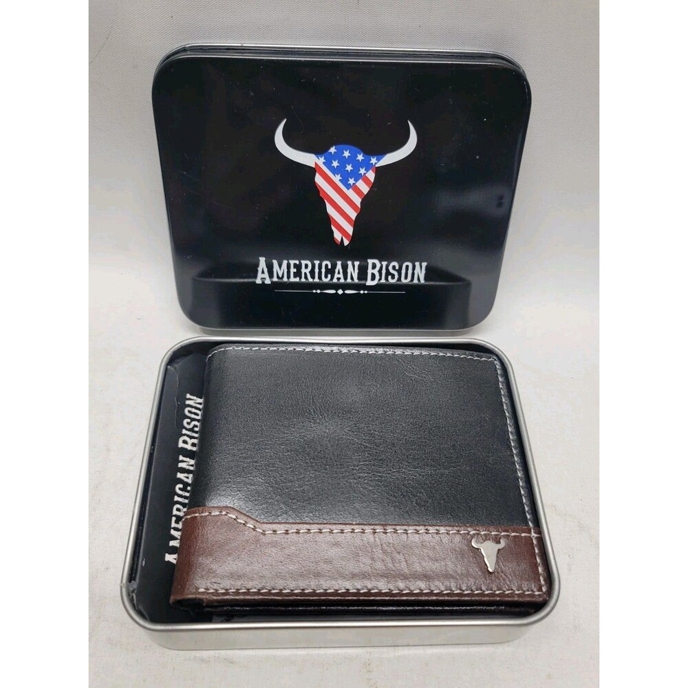 American Bison Men’s Black Brown Genuine Leather Bifold Wallet New